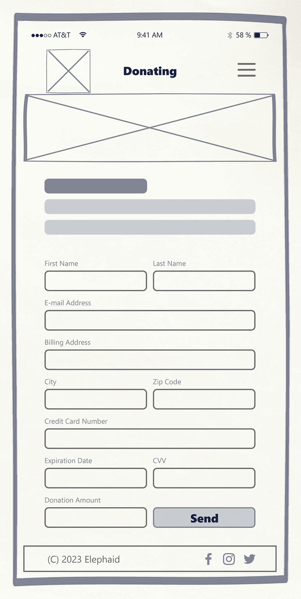 A wireframe of the Elephaid donation form displayed on a spiral notebook, including input fields for personal information and payment details with a Send button.