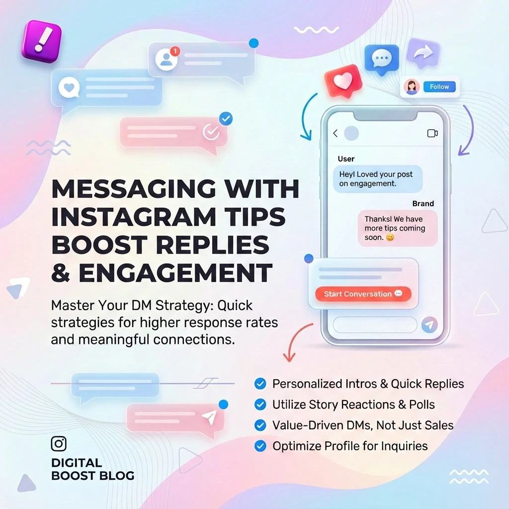 A graphic titled ""Messaging with Instagram Tips Boost Replies & Engagement"" featuring a smartphone showing a direct message exchange between a user and a brand. The design includes chat bubbles, engagement icons, and a checklist of strategies: personalized intros, story reactions, value-driven DMs, and profile optimization for inquiries.