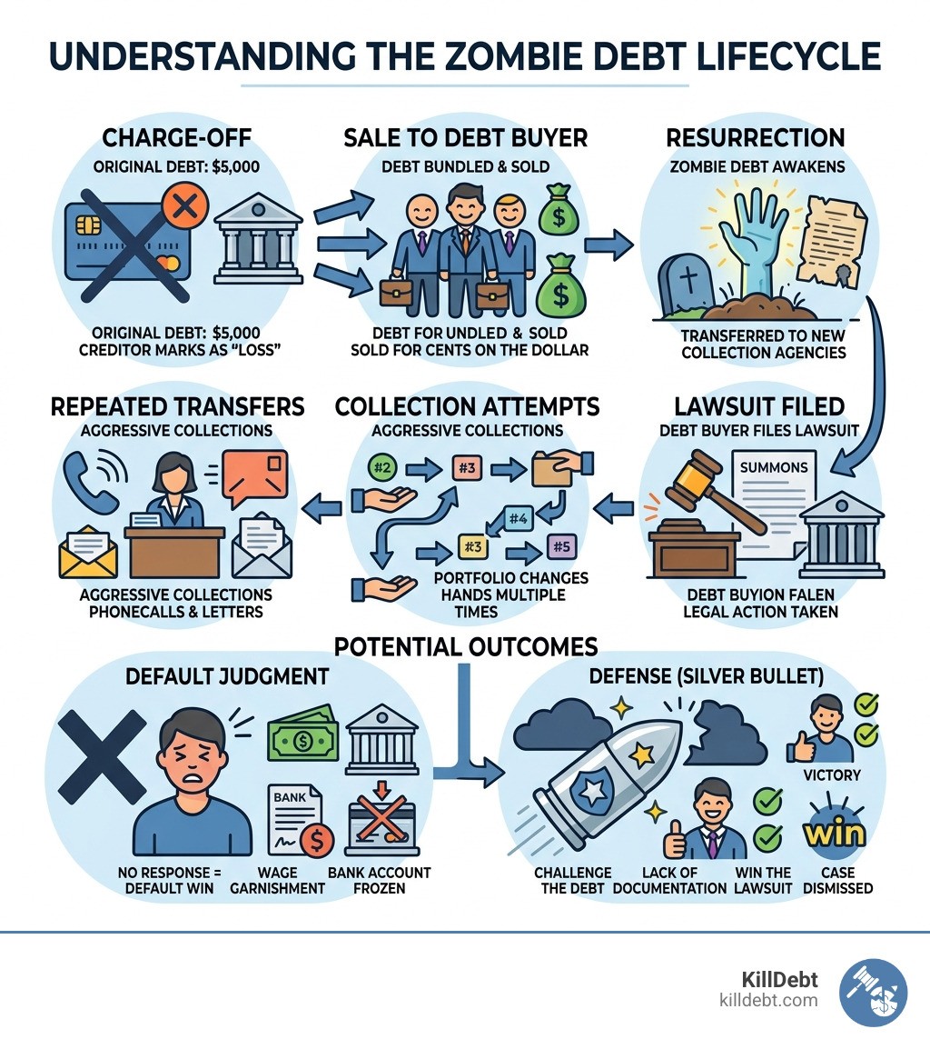 The zombie debt lifecycle from charge-off to lawsuit - how win zombie lawsuit infographic