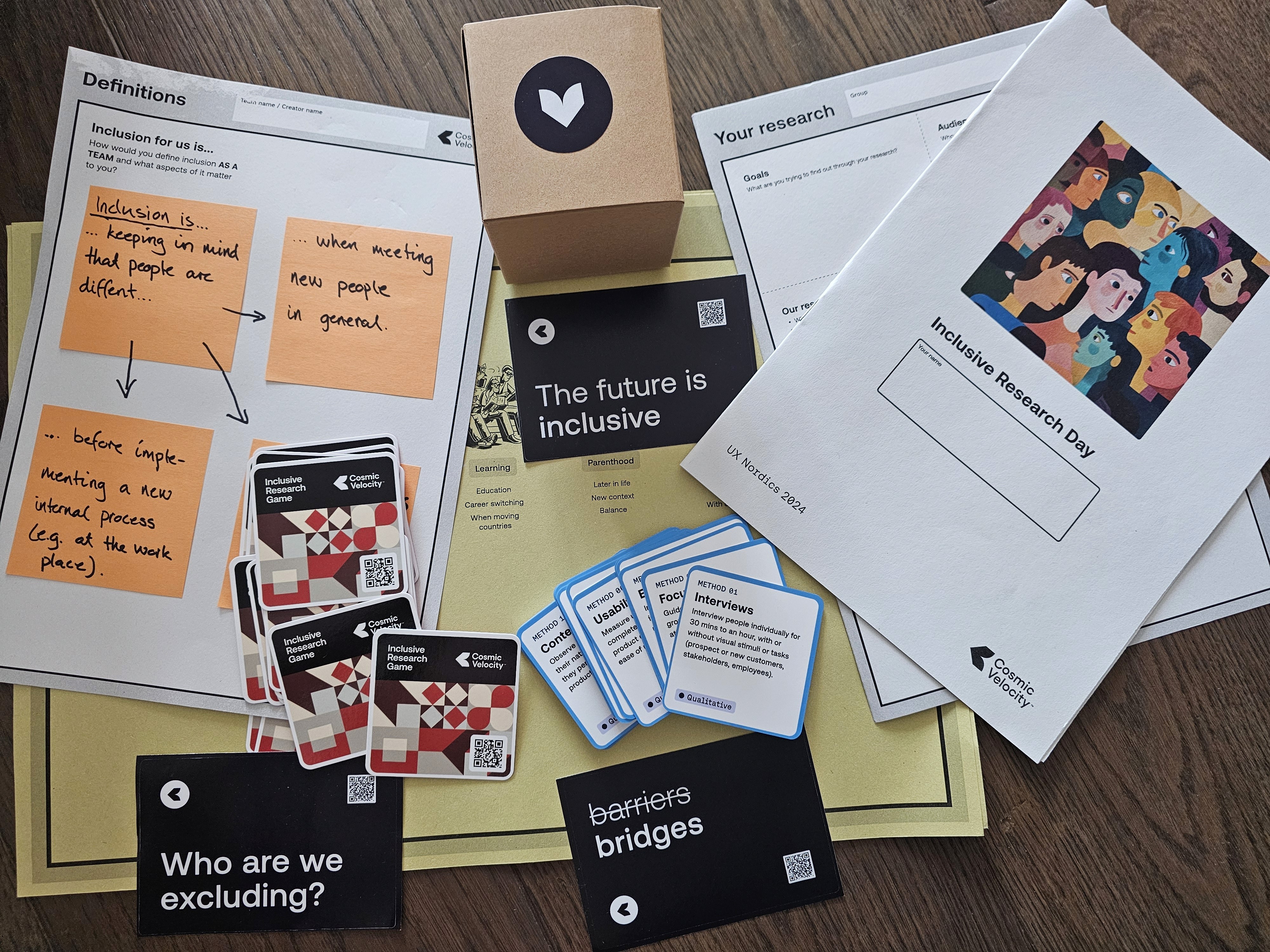 A selection of game materials such as card laid out on a table