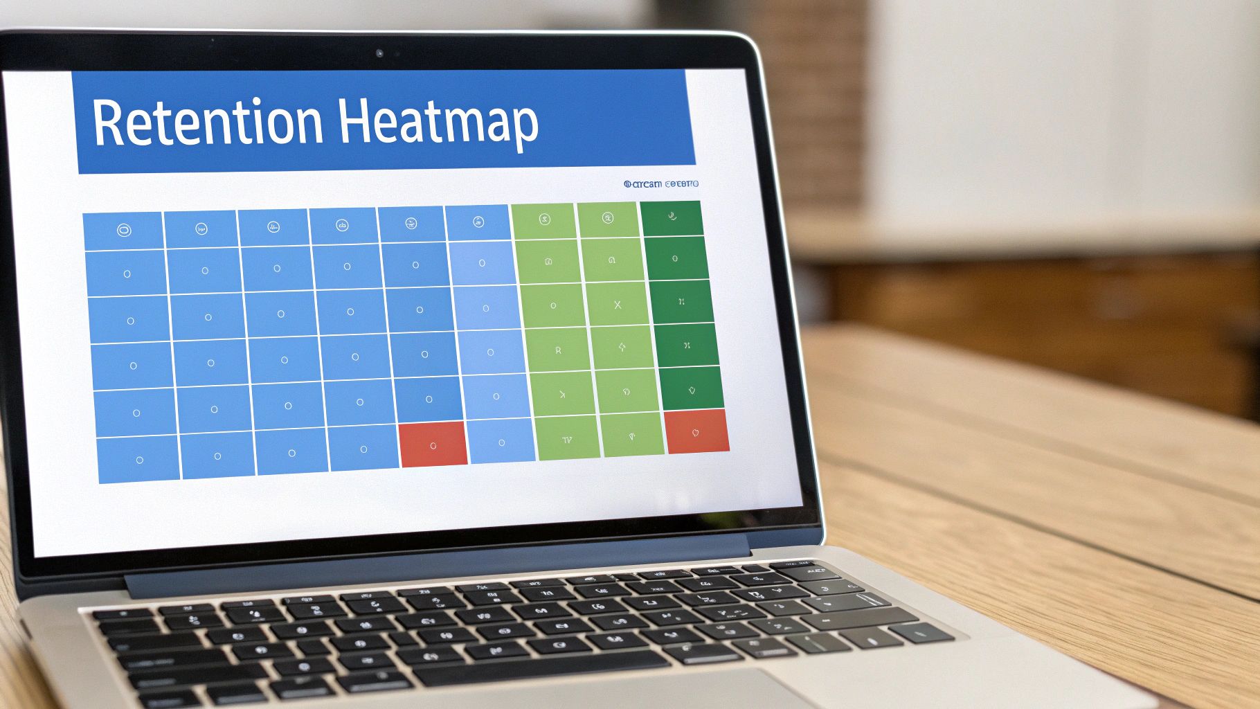 A laptop displays a colorful retention heatmap, showing user data in a grid of blue, green, and red cells.