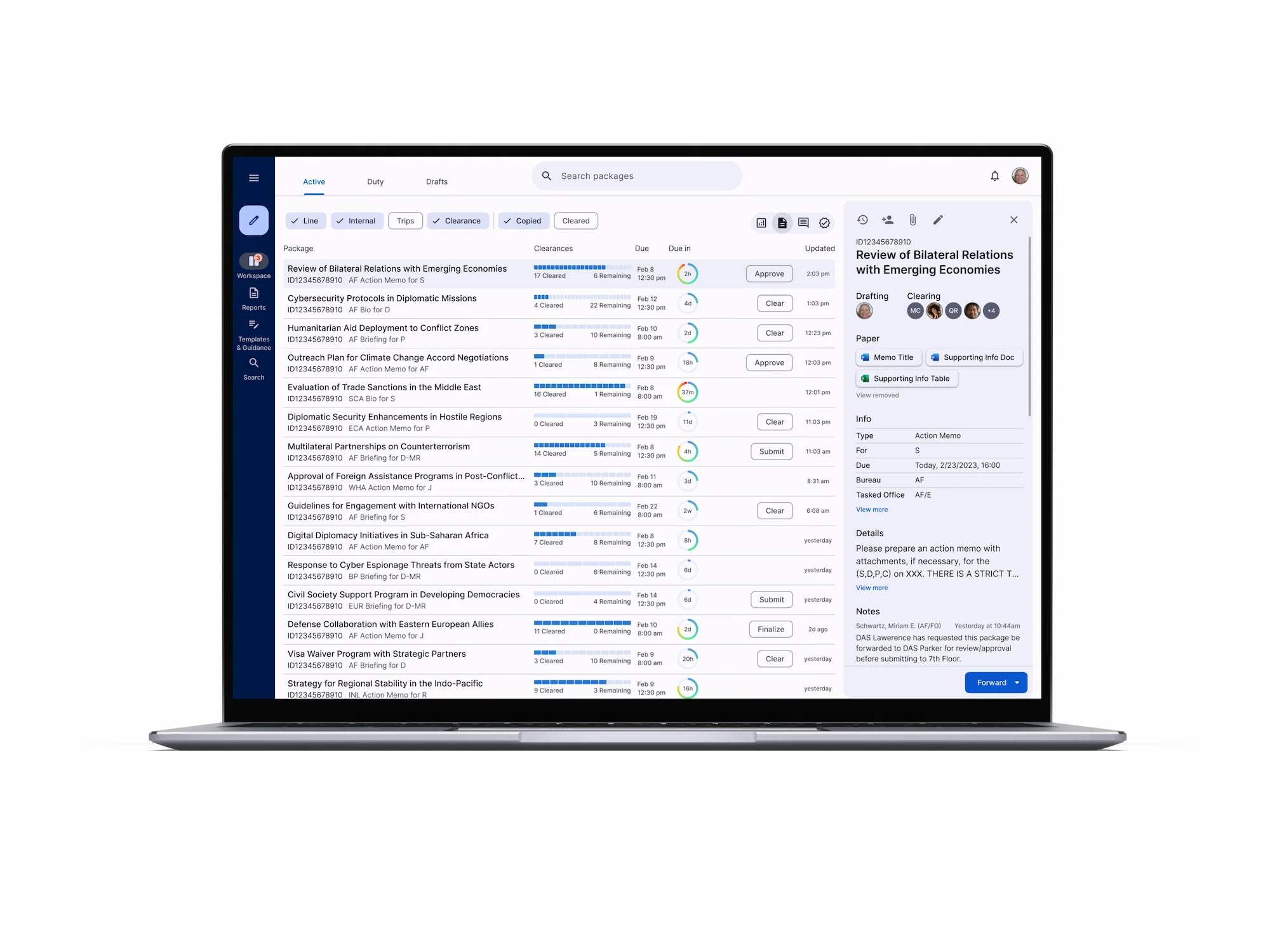 Laptop screen displaying a task management dashboard with categorized action items and detailed information panels.