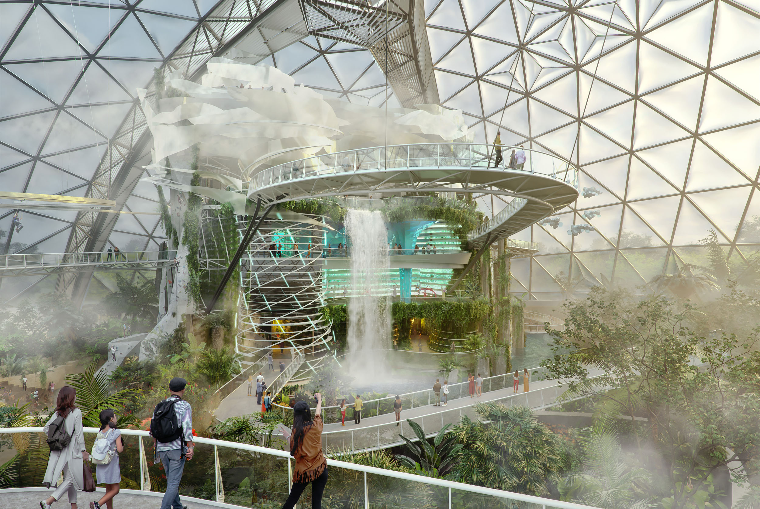 Architectural CGI render of a biodome interior with waterfall.