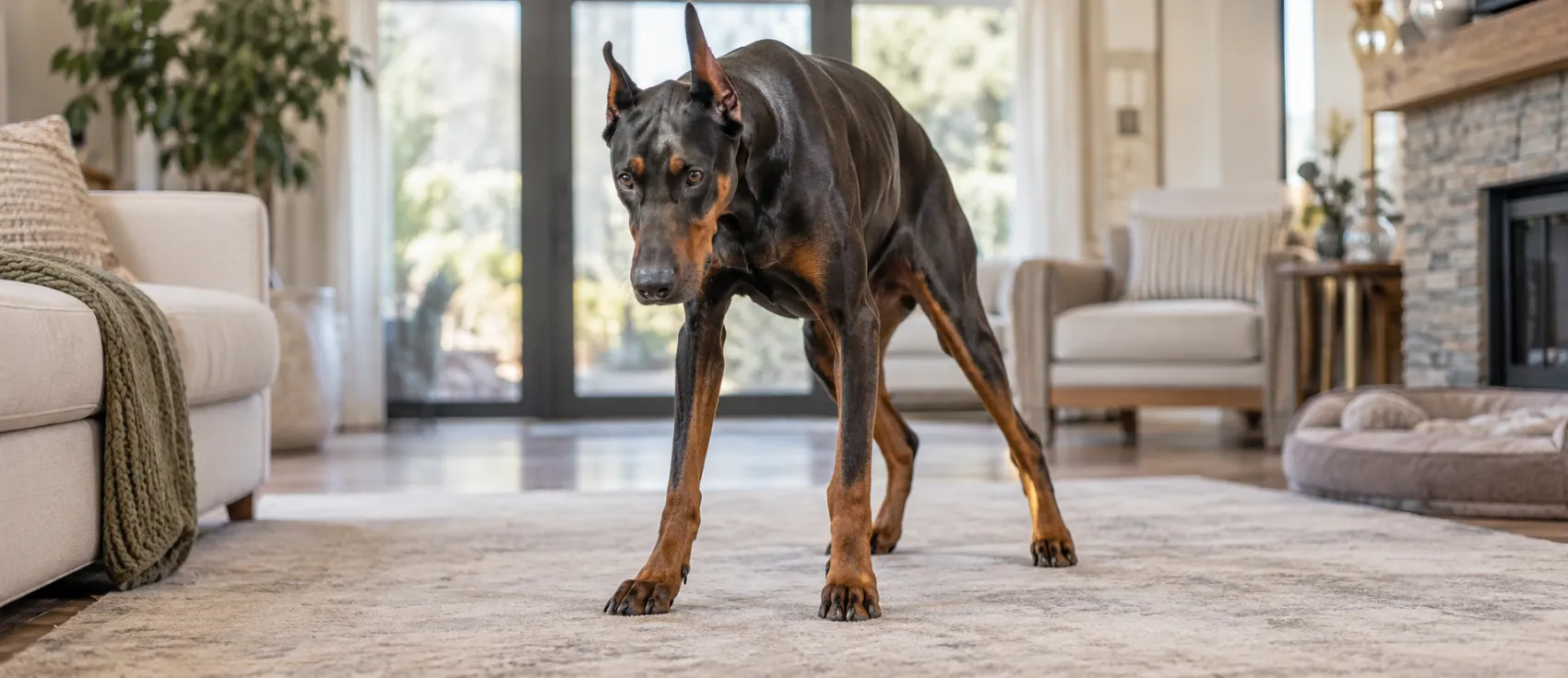 A Doberman scratches itself while standing indoors.