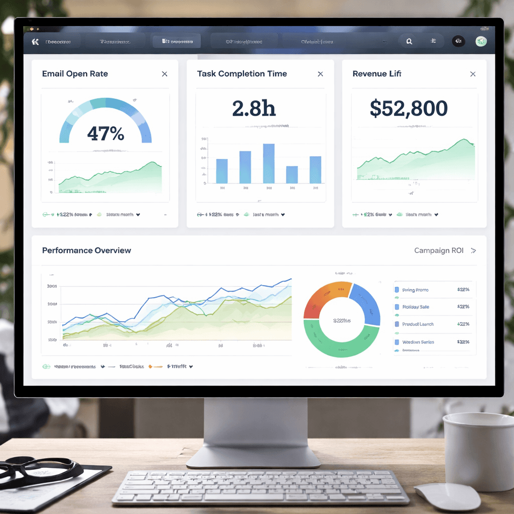 A realistic dashboard screen showing charts for email open rate, task completion time, and revenue lift, Alt: marketing agency automation KPI dashboard