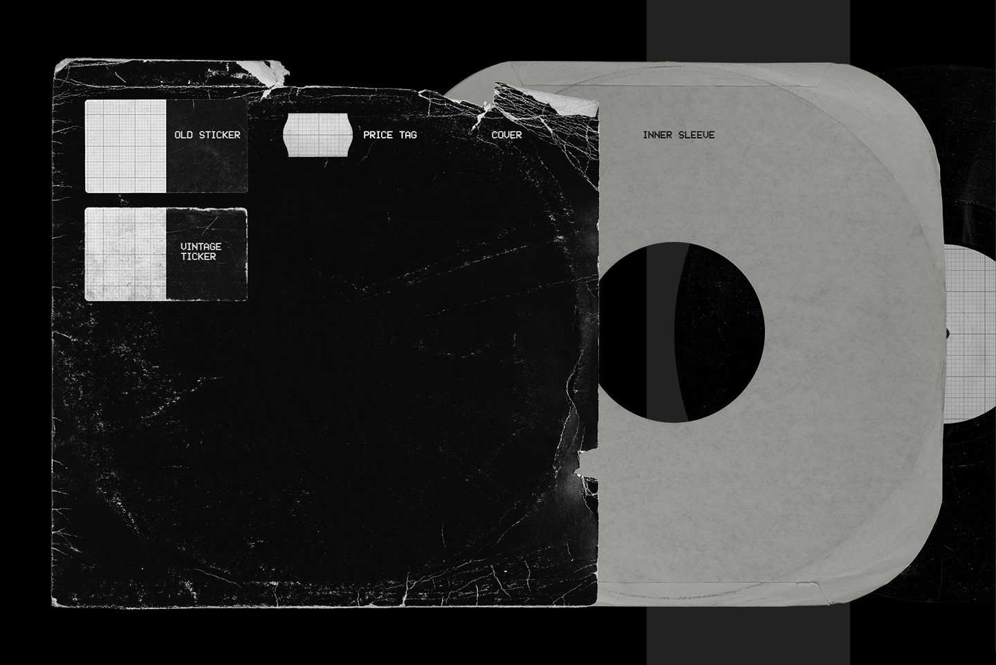 Vinyl record mockup with editable stickers including vintage label and price tag