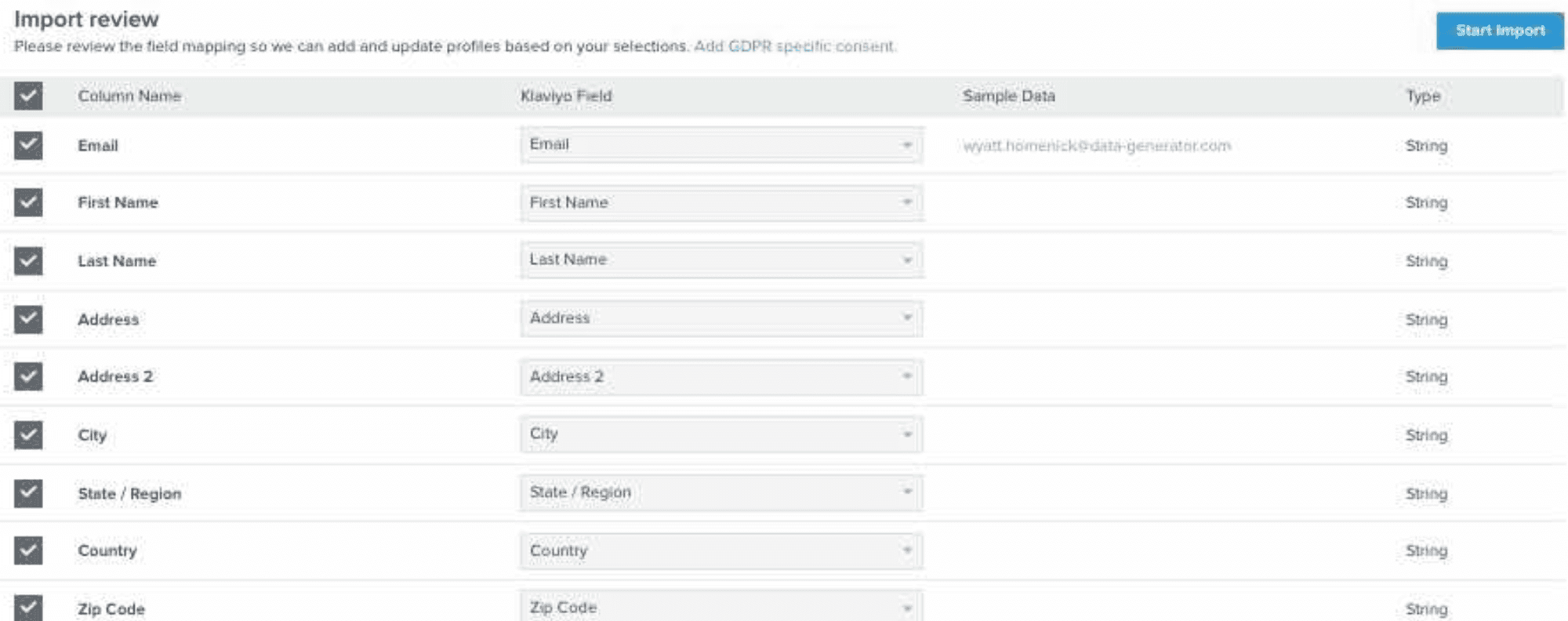 Import to Klaviyo 2.png  Alt text: "Klaviyo interface showing field mapping selections for CSV import."