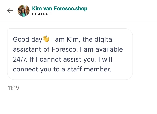 Chat window in which Kim, the AI Agent of Foresco, greets a visitor
