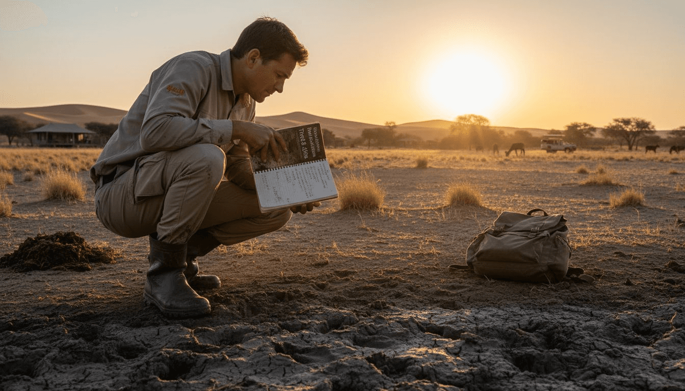 Guide examines animal tracks at sunrise