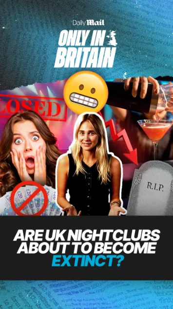 Only in Britain segment exploring the decline of UK nightclubs, with worried host, closed sign, cocktails, and gravestone graphic.