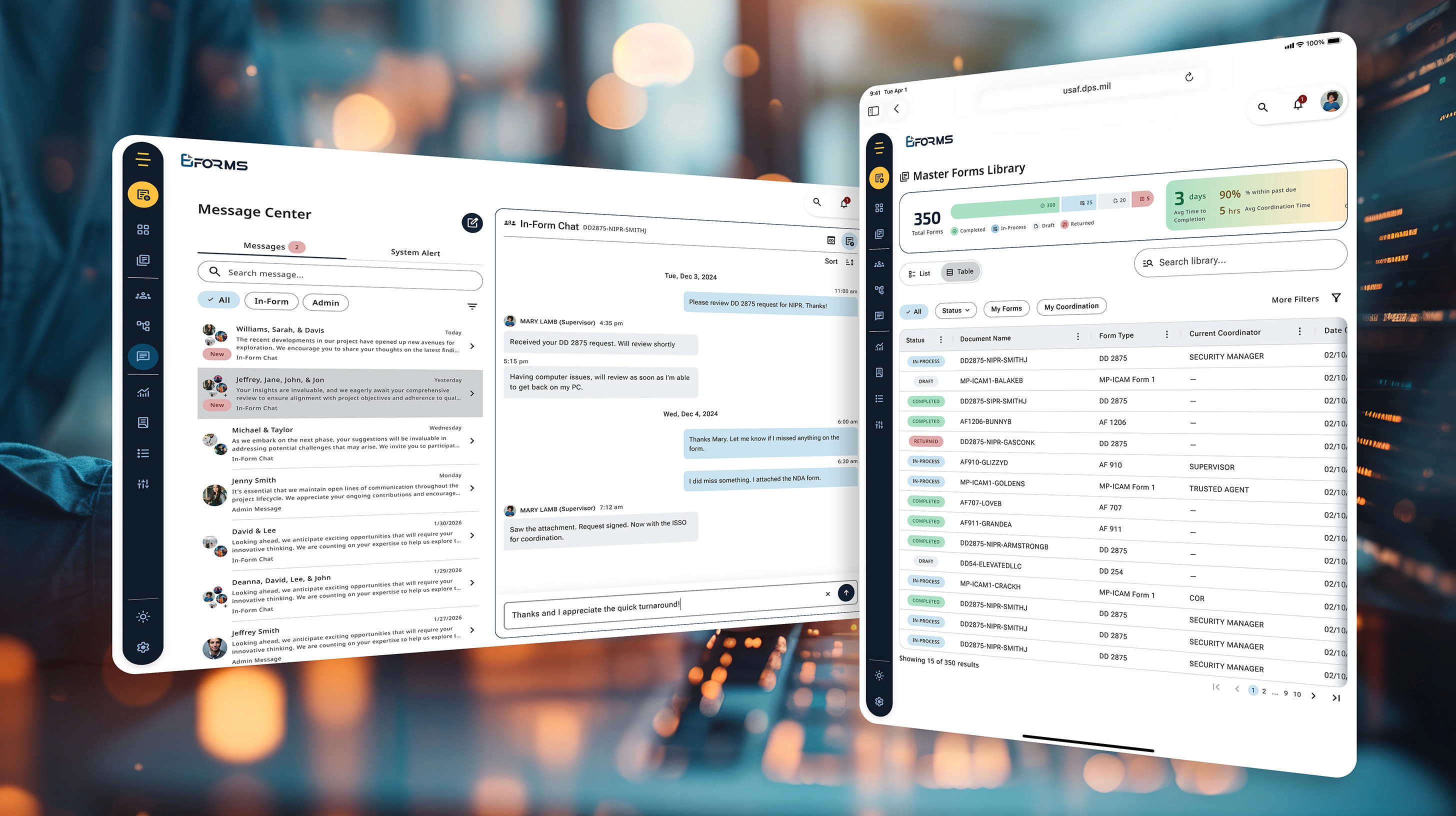 Message Center enables in-app communication, Forms Library enables easy management of documents