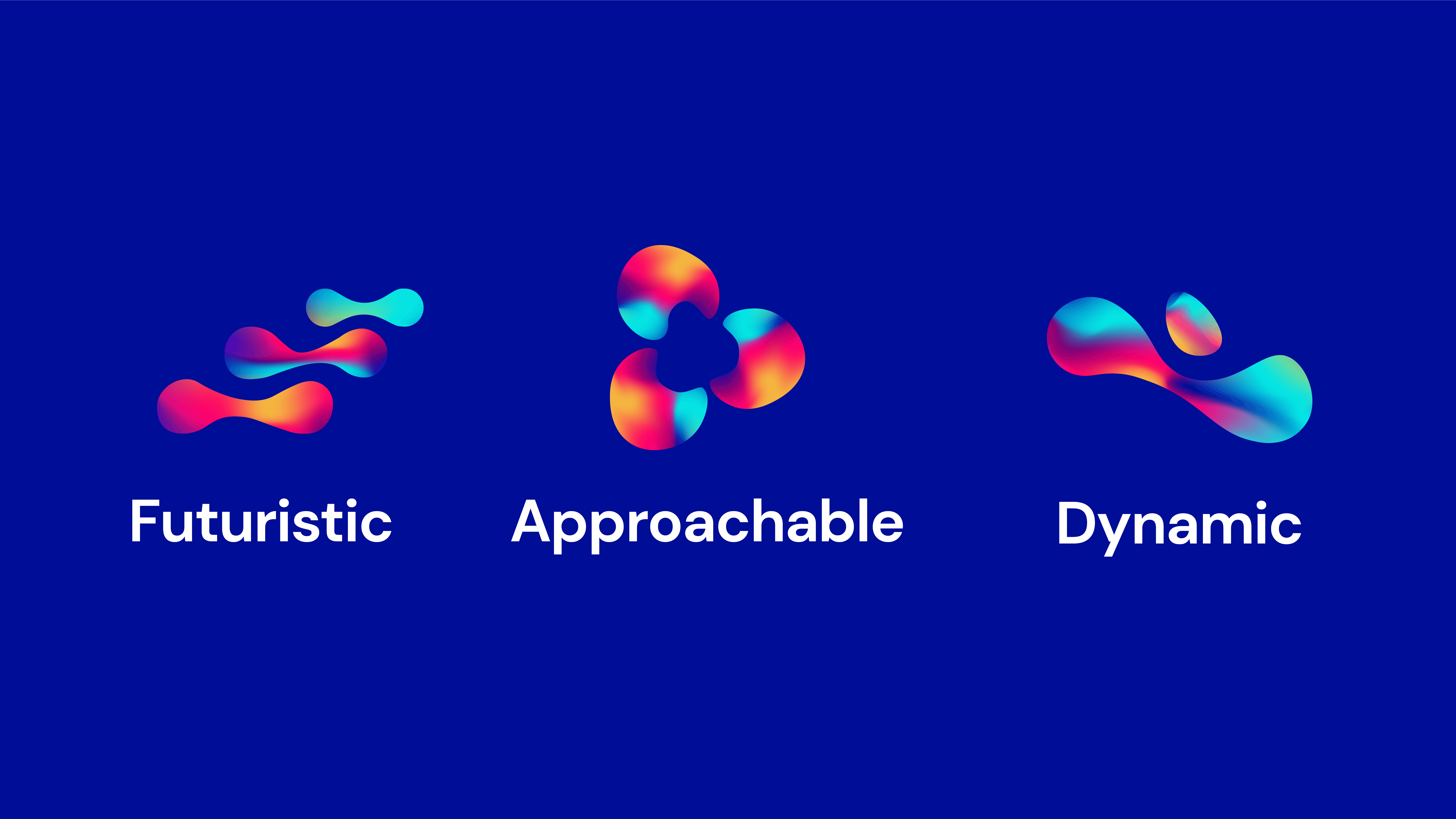 Three colorful, organic-shaped elements with the words "Futuristic," "Approachable," and "Dynamic" on a deep blue background.