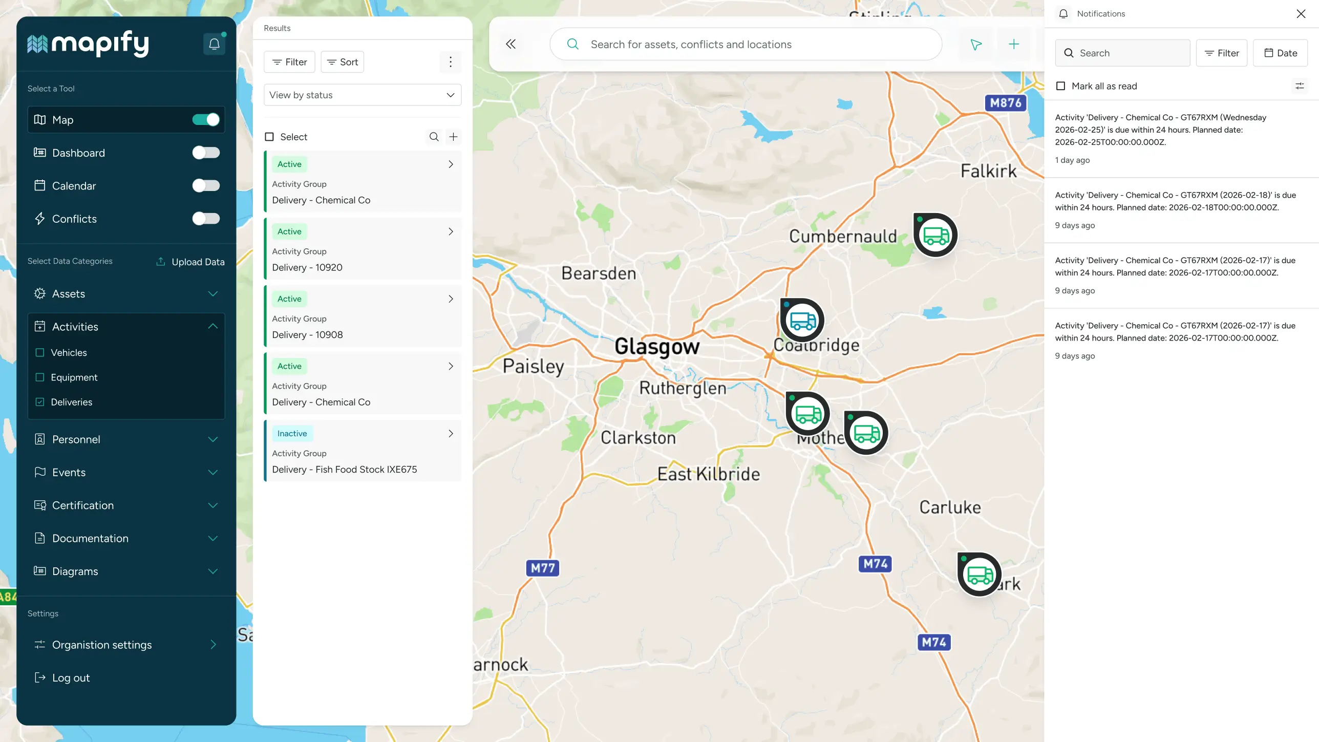 Mapify UI notifications panel