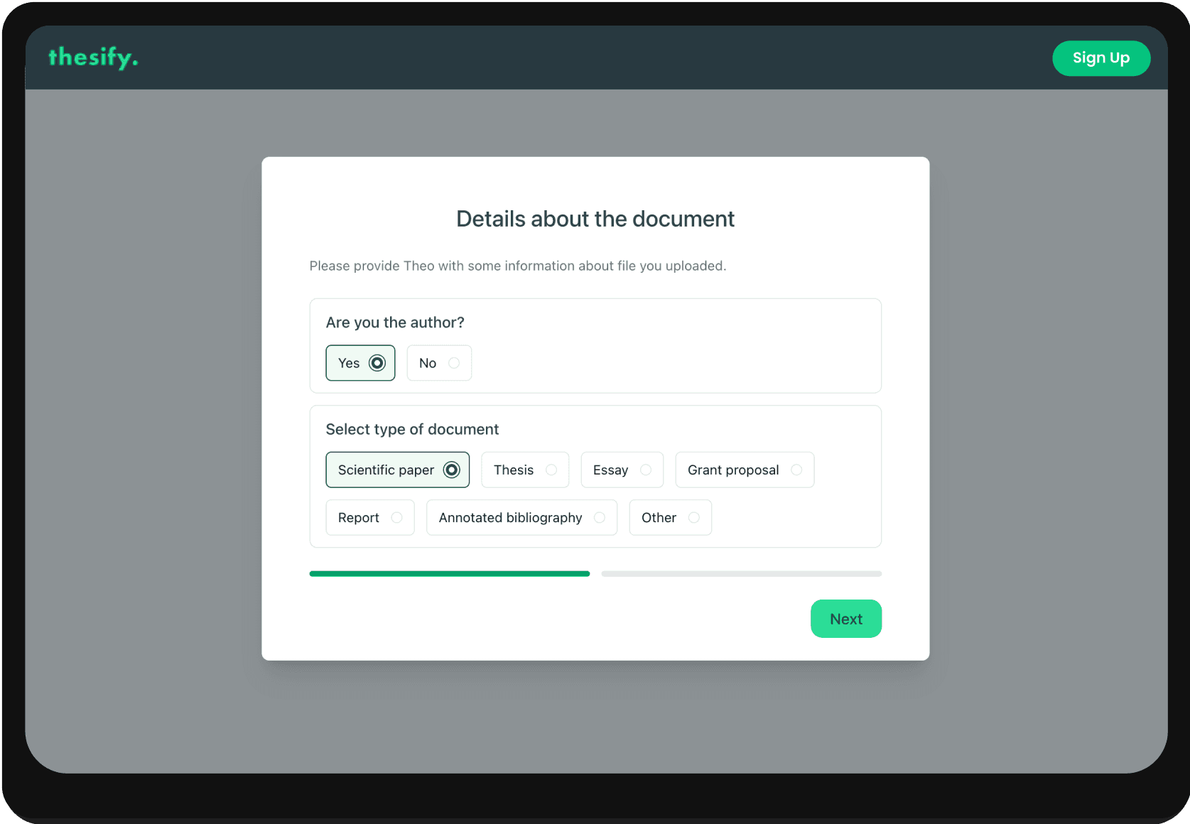 Screenshot of the onboarding questions after uploading a draft in thesify