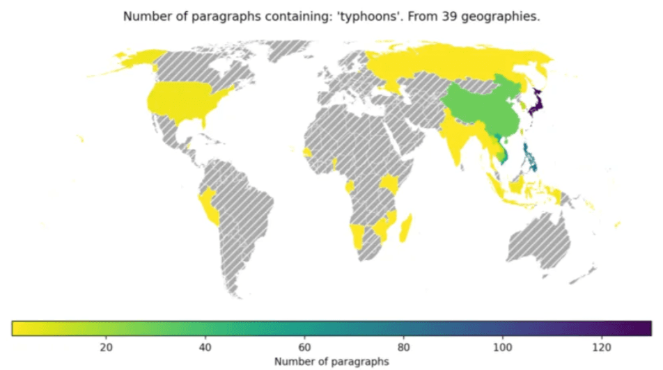 Number of paragraphs containing ‘typhoons’ from 39 geographies