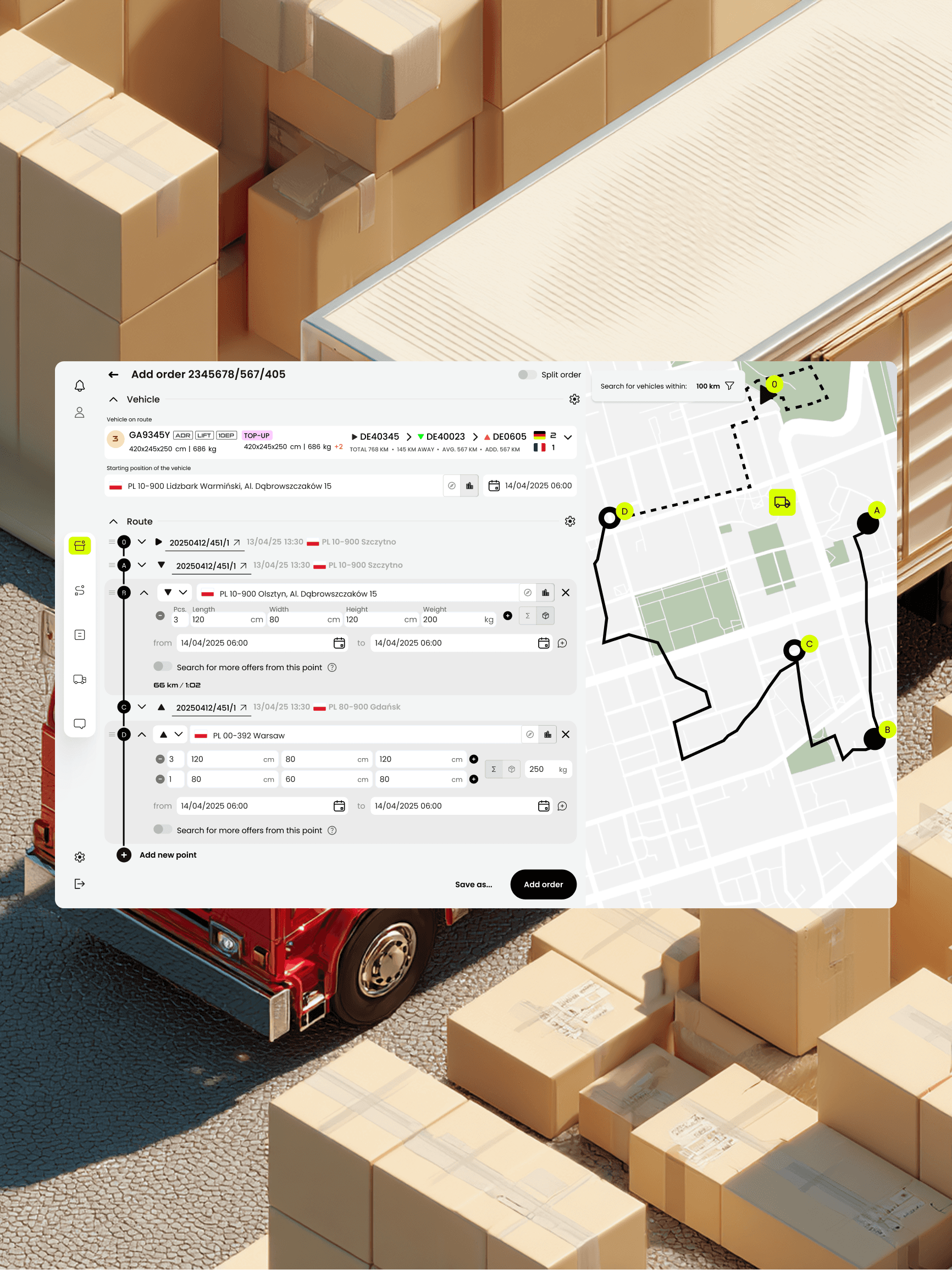 TMS ecosystem design web app, add order screen