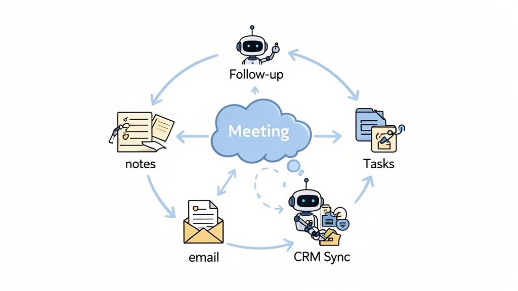Diagram showing an automated post-meeting workflow with notes, tasks, email, CRM sync, and follow-up.
