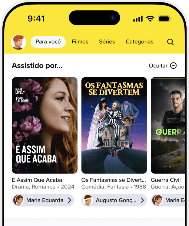 The image shows a smartphone screen displaying a streaming service interface. The top section includes a yellow header with a profile icon, a search bar, and navigation tabs labeled "Para você" (For you), "Filmes" (Movies), "Séries" (Series), and "Categorias" (Categories). Below the header, there is a section titled "Assistido por..." (Watched by...) with three movie posters. The first movie poster on the left is titled "É Assim Que Acaba" (It Ends With Us), categorized as Drama, Romance, and released in 2024. The second movie poster in the middle is titled "Os Fantasmas se Divertem" (Beetlejuice), categorized as Comedy, Fantasy, and released in 1988. The third movie poster on the right is titled "Guerra Civil" (Civil War), categorized as War, Action. Each movie poster has a blurred face of a person who watched it, with names "Maria Eduarda," "Augusto Gonç," and "Maria Eduarda" respectively shown below the posters.