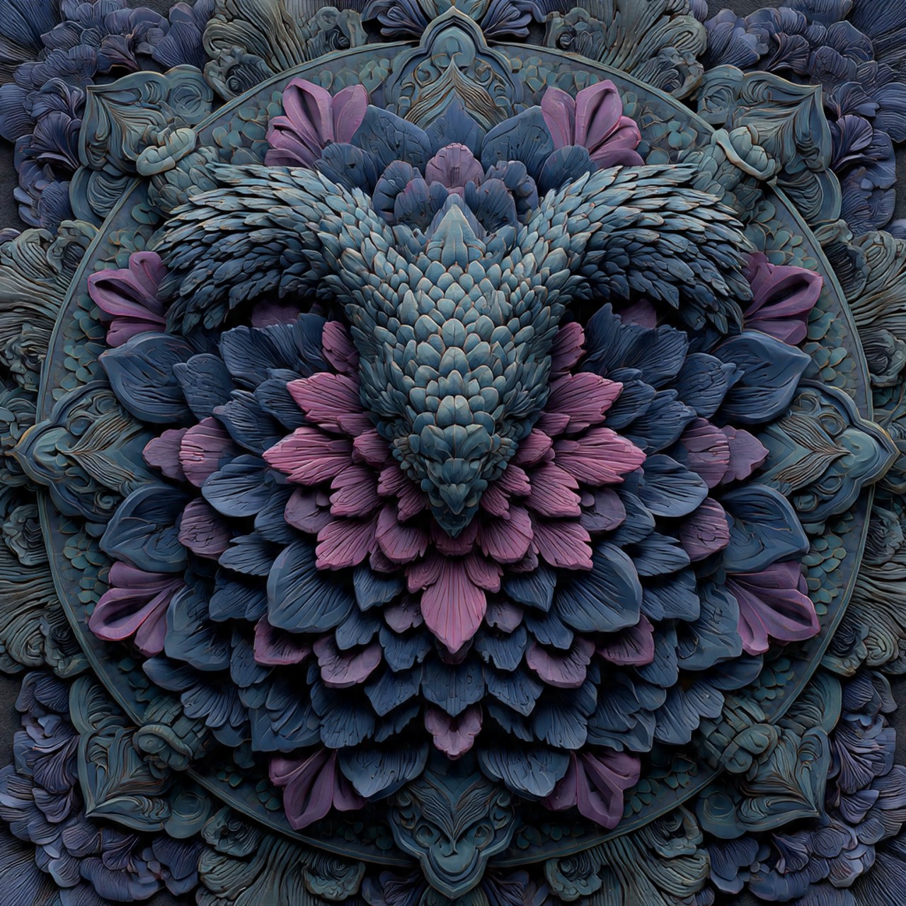 Ornate, stylized skull surrounded by red wings, gears, and flowers.