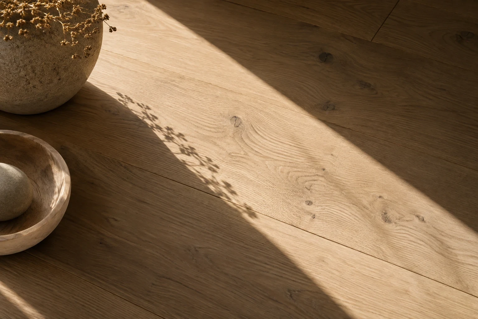 Abstract close-up of oak interior floor crossed by a broad diagonal shaft of daylight and a shadow, minimal warm photography