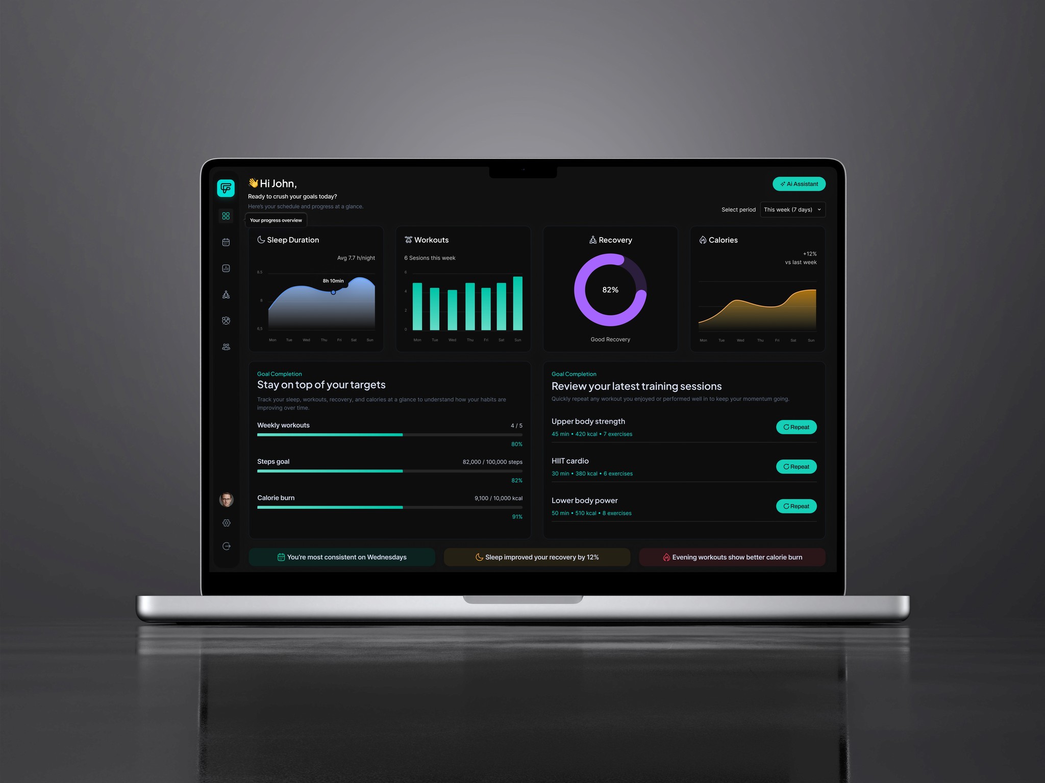 Laptop mockup showing the Forma Fitness Dashboard in dark mode with sleep, workout, recovery, and calorie tracking widgets displayed in teal and orange tones on a clean modern interface.