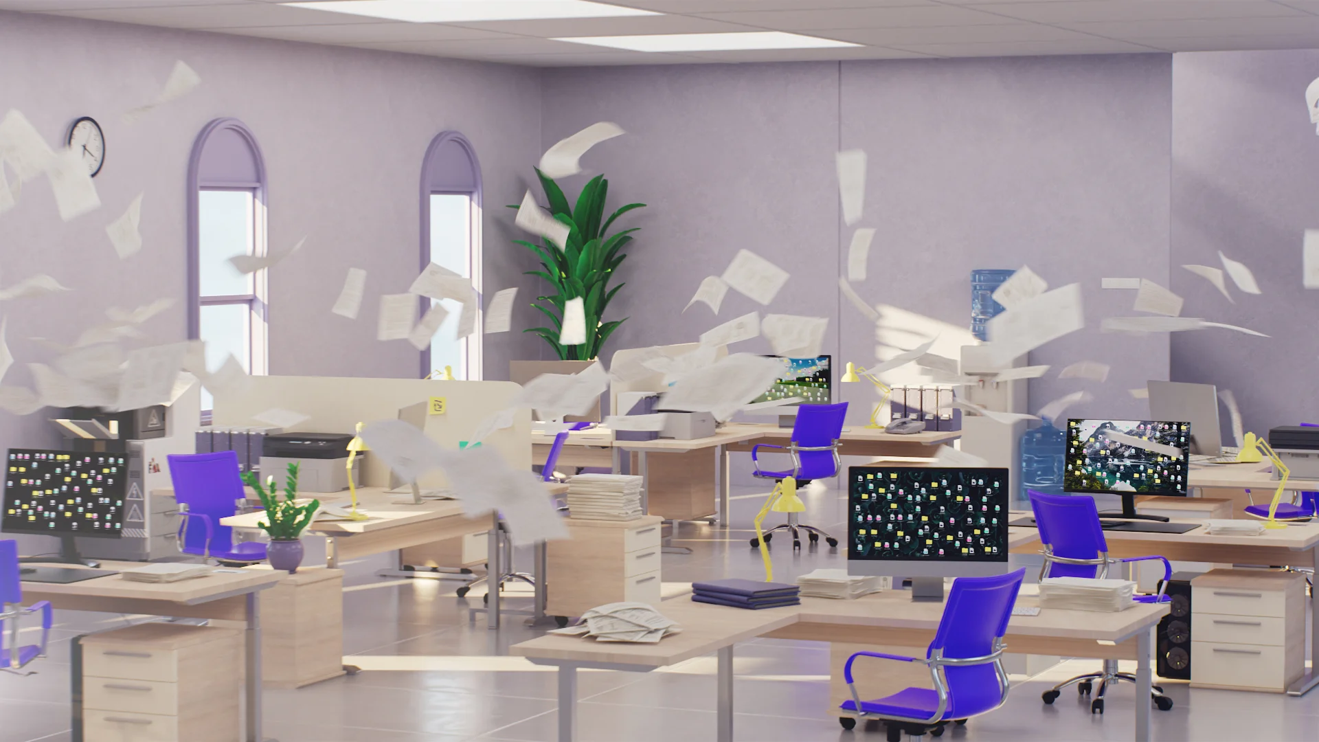 Stylized 3D office space with scattered documents and empty desks, highlighting the before-state in a SaaS onboarding journey video