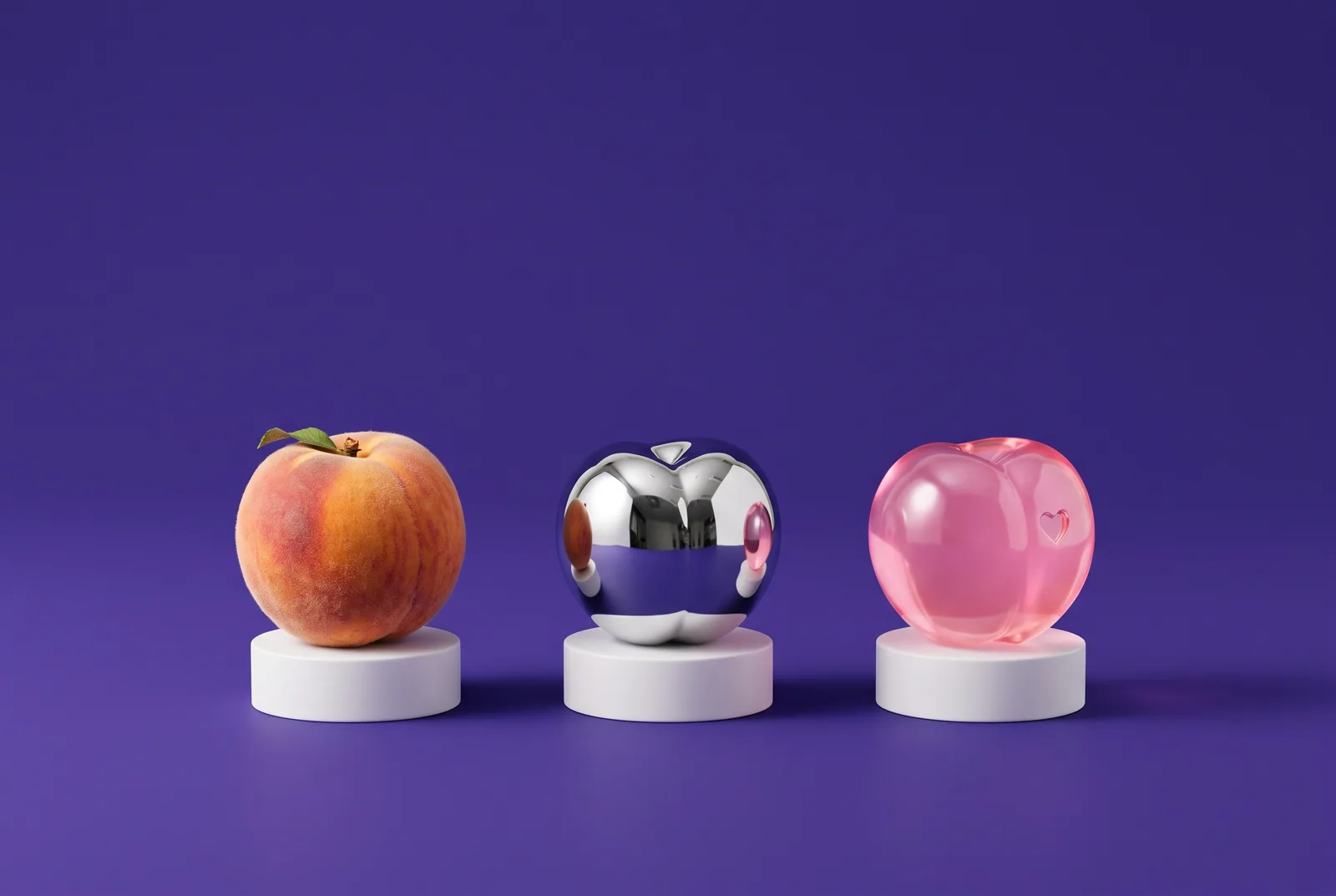 A real peach, a chrome peach and a glowing glass peach on pedestals, comparing regular porn with AI porn addiction