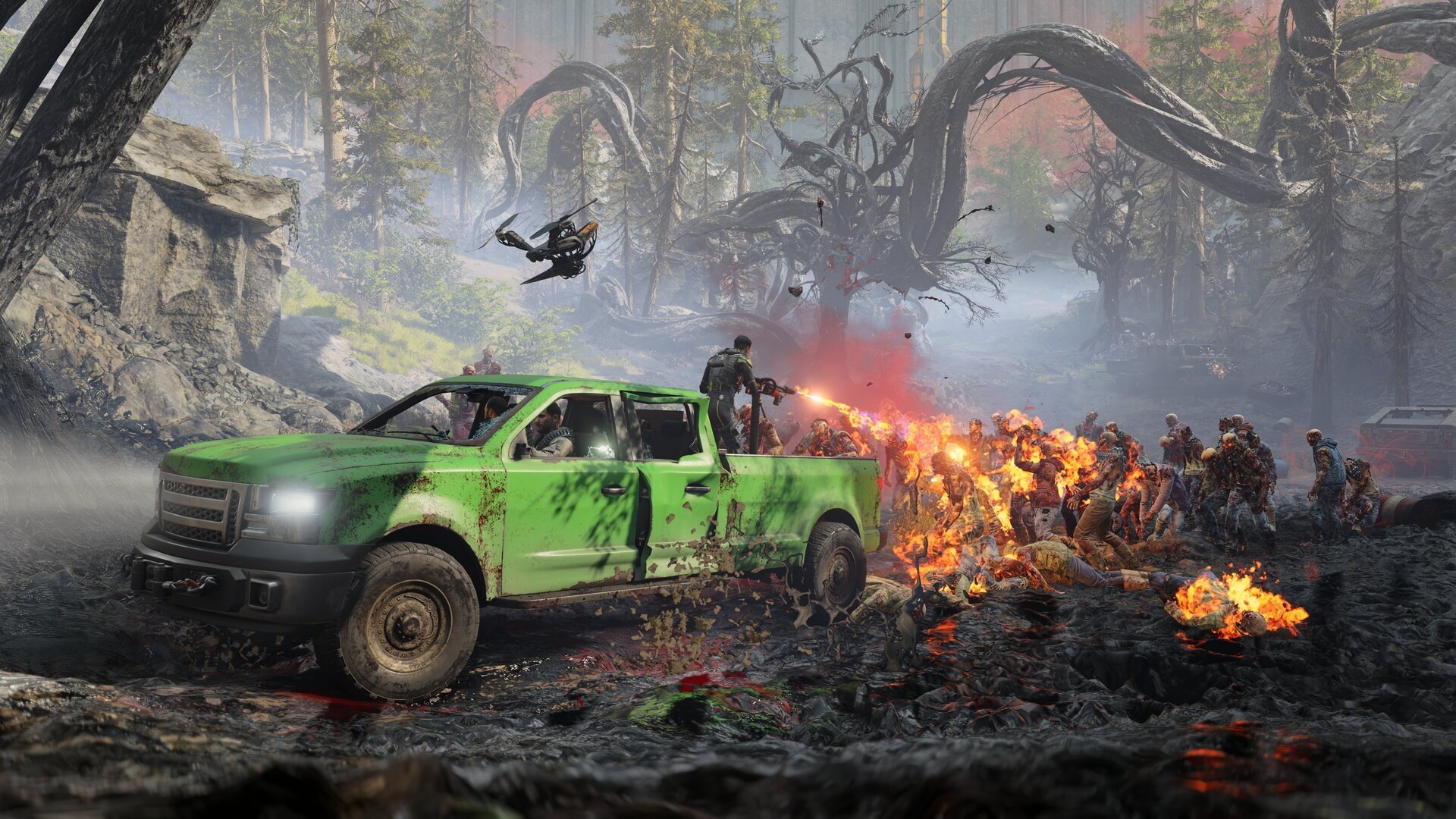 Combat contre une horde de zombies autour d’un pickup dans John Carpenter’s Toxic Commando avec armes lourdes et action coopérative