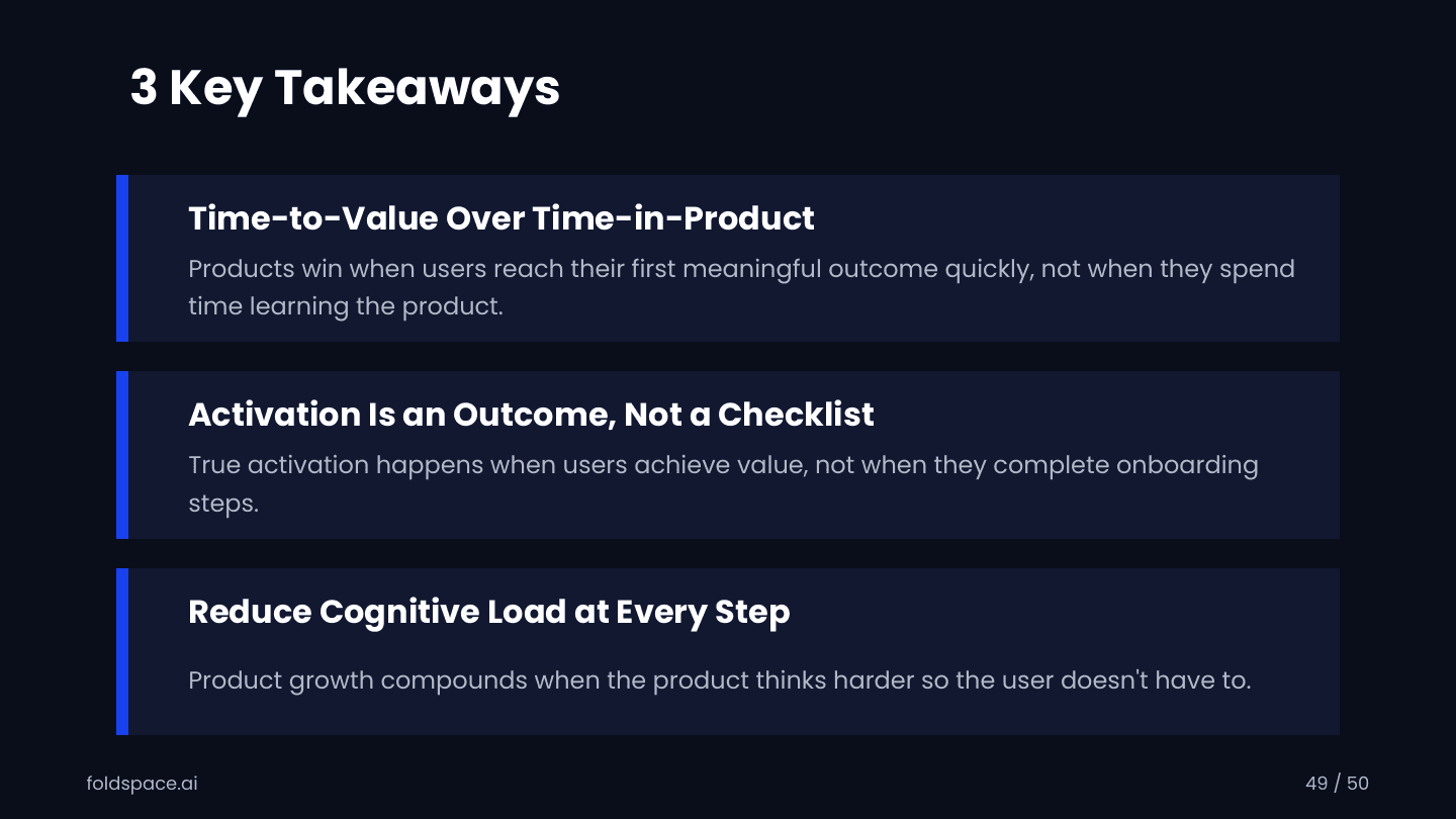 slide-48.png — 3 Key Takeaways: Time-to-Value Over Time-in-Product, Activation Is an Outcome Not a Checklist, Reduce Cognitive Load at Every Step