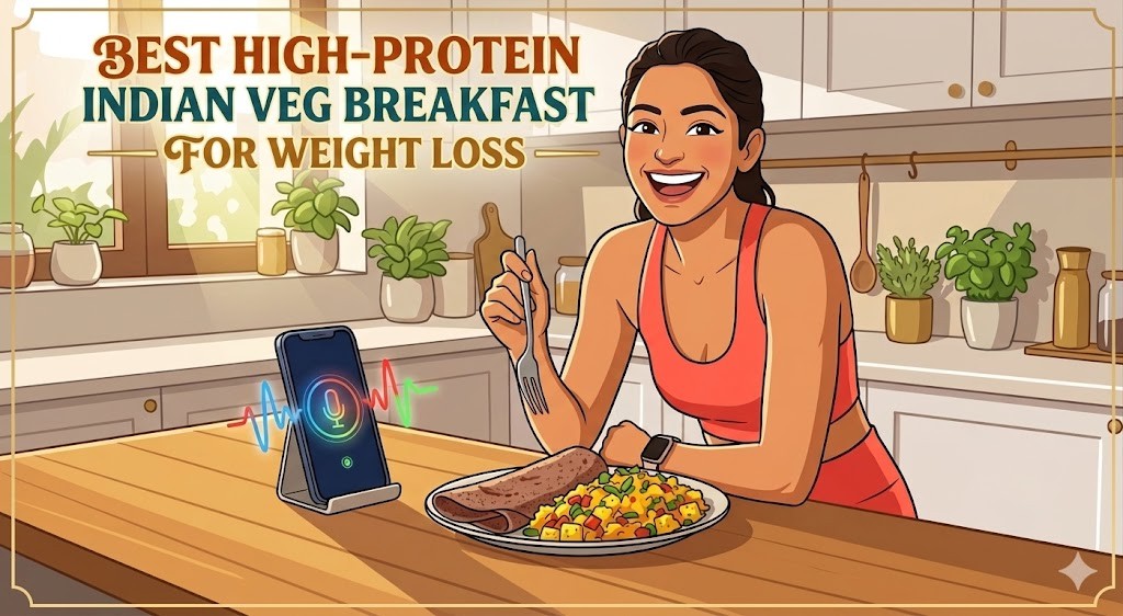An illustration of a woman in workout clothes eating an Indian vegetarian breakfast of scrambled paneer and millet roti. She is using a voice assistant on a smartphone, highlighting the recipe's suitability for a weight loss diet and smart kitchen technology.