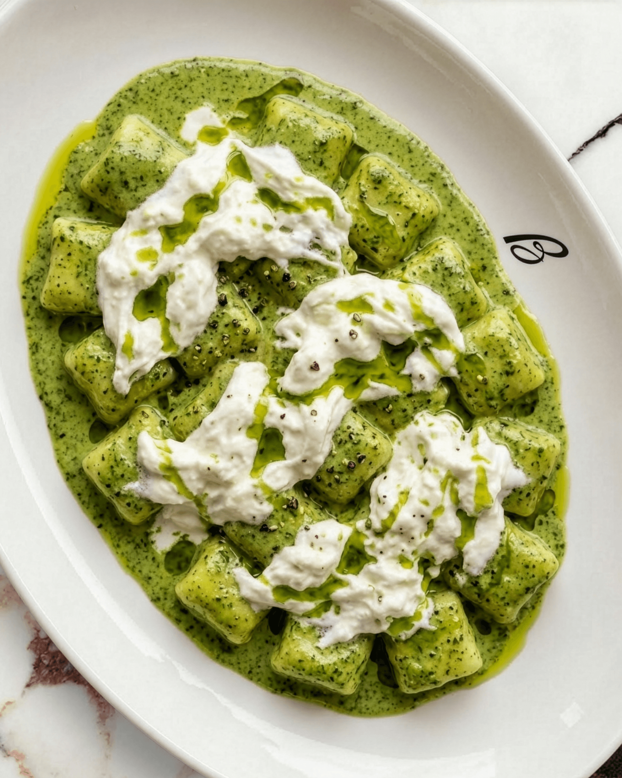 Potato gnocchi coated in pesto with stracciatella