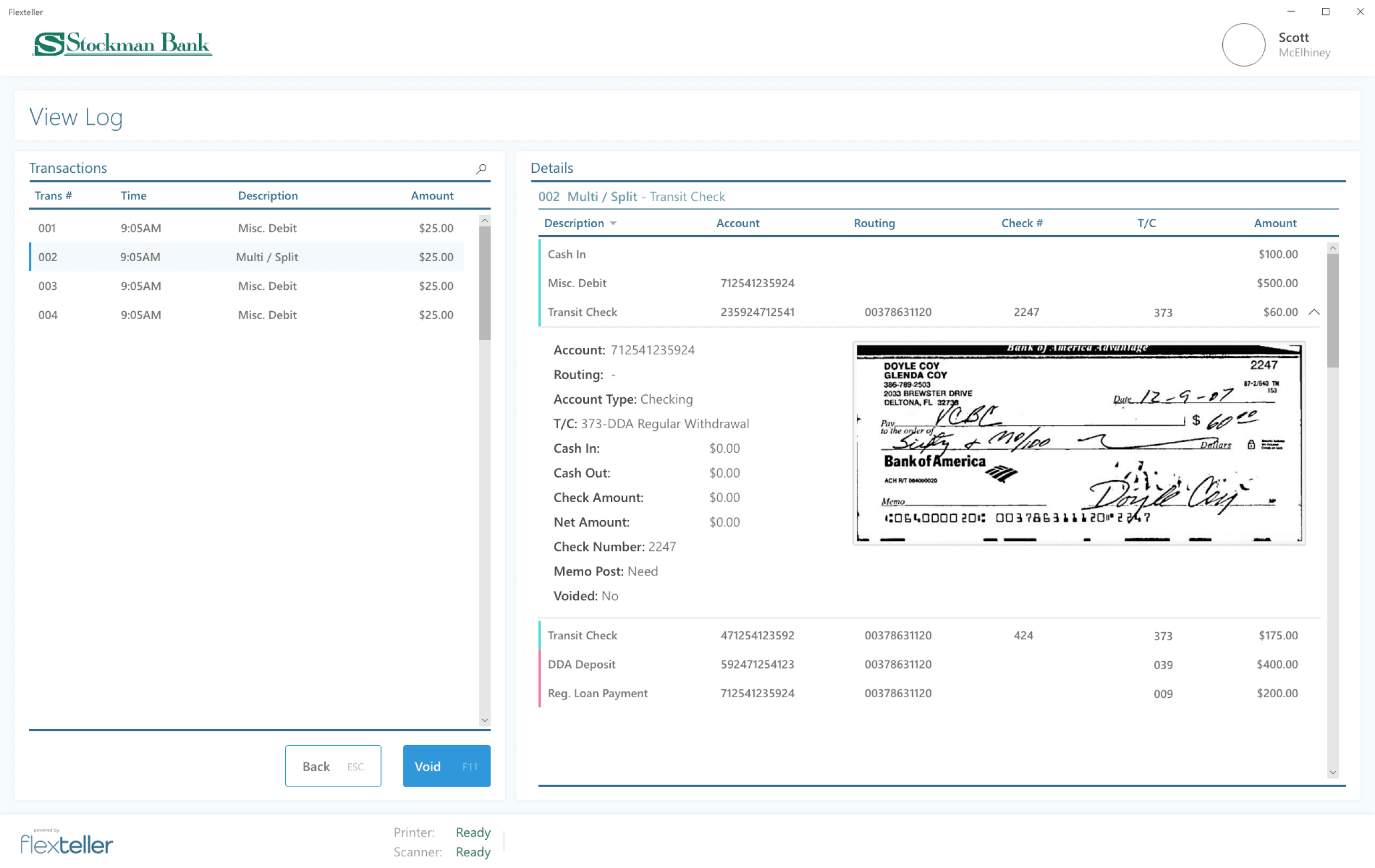 UI design of a bank teller app's log screen.