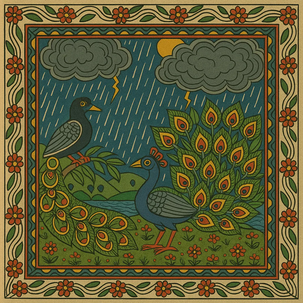 Rains, peacock, desolate mood, madhubani painting