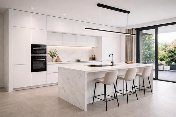 Modern handleless kitchen with timber island