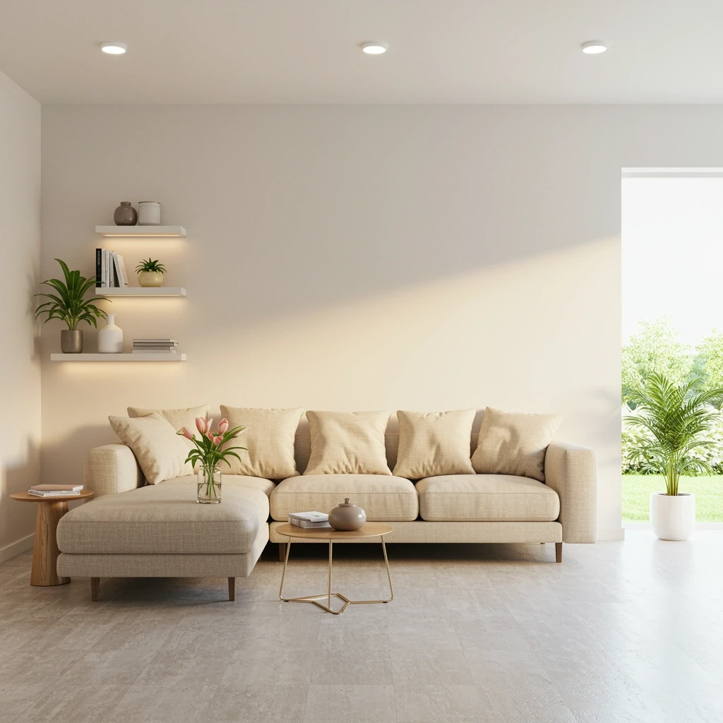 Minimalist living room with white satin walls, built-in shelves, and concrete floor