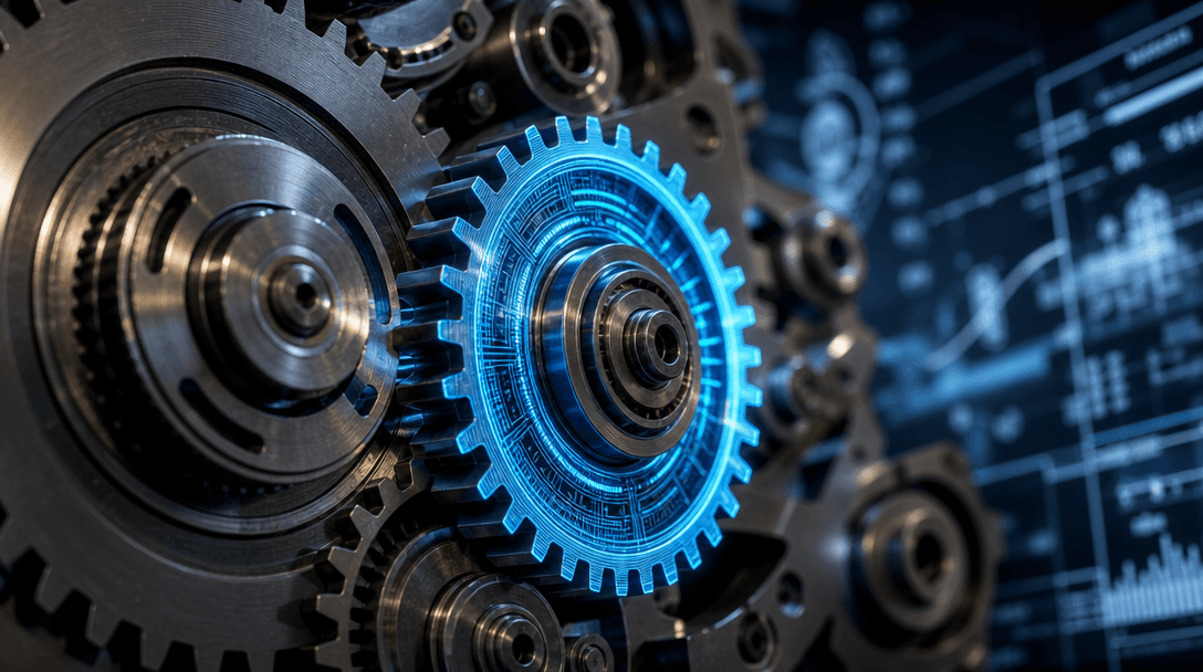 Close-up of a high-tech gear mechanism representing precision in AI software.