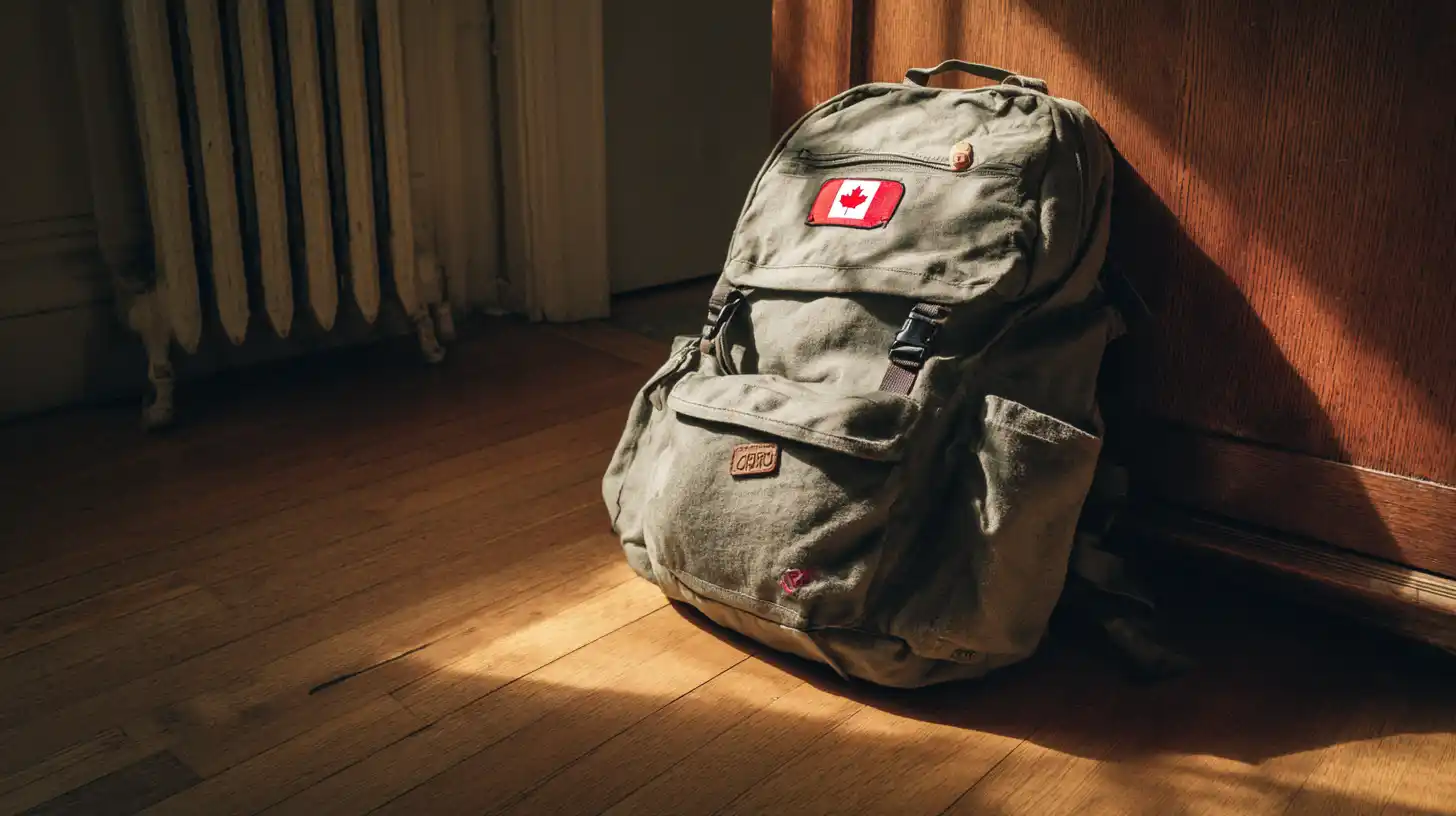 A backpack with a Canadian flag patch sits on the floor in a haouse.