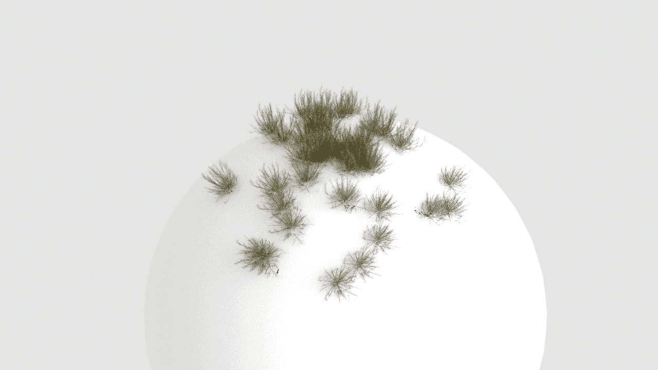 3D rendered white sphere with scattered dry grass tufts growing across its surface on a light gray background minimal organic 3D design asset