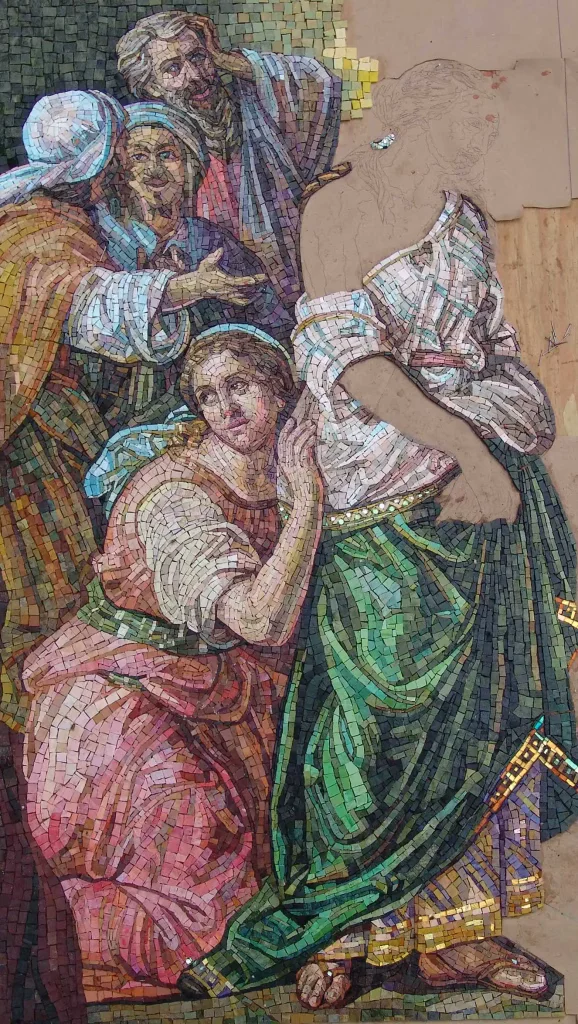 Religious mosaic artwork depicting Mary Magdalene and Jesus from John 8:7.