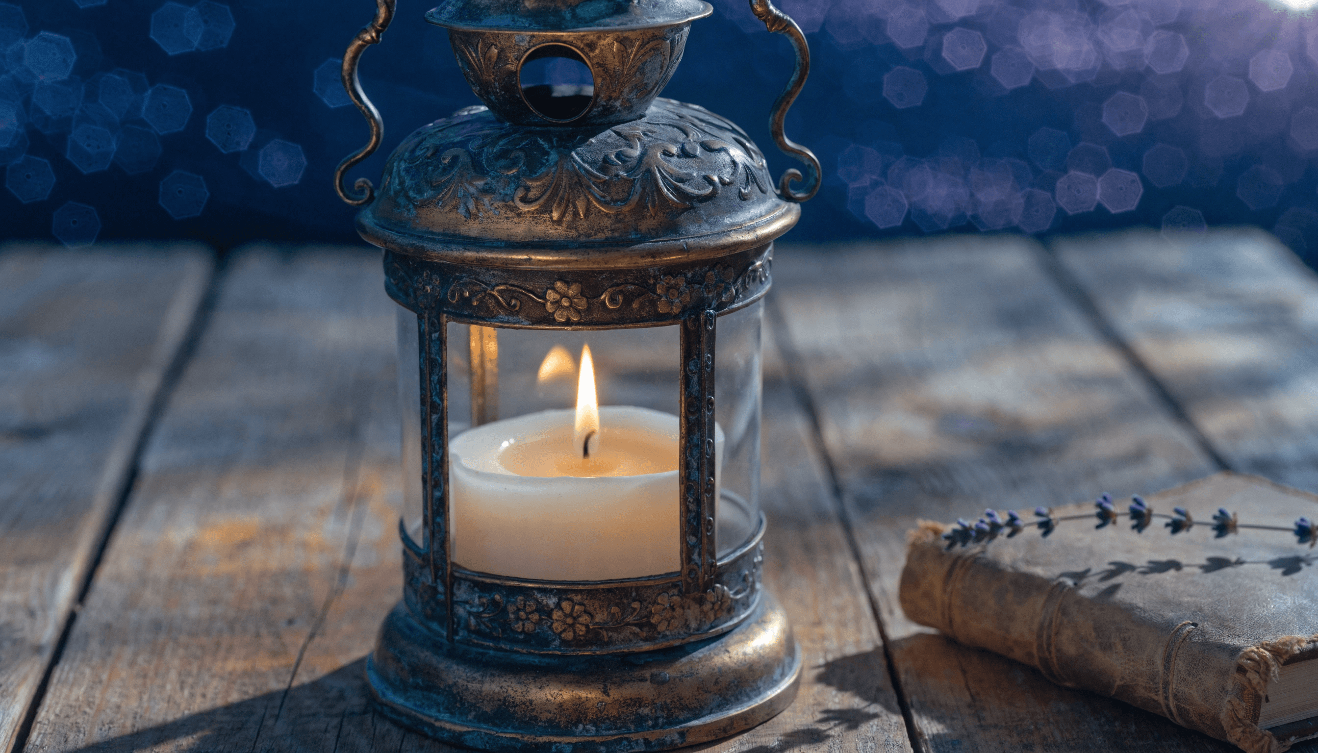 A hyper-realistic macro photograph of an ornate, #8C7D64 Aged Bronze lantern sitting on a rustic wooden table.
