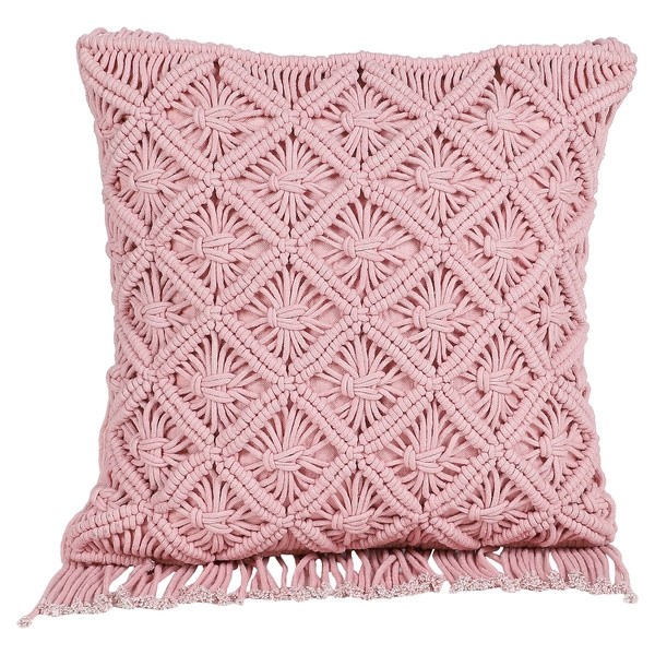 Blush pink handwoven macrame cushion cover with diamond knot pattern
