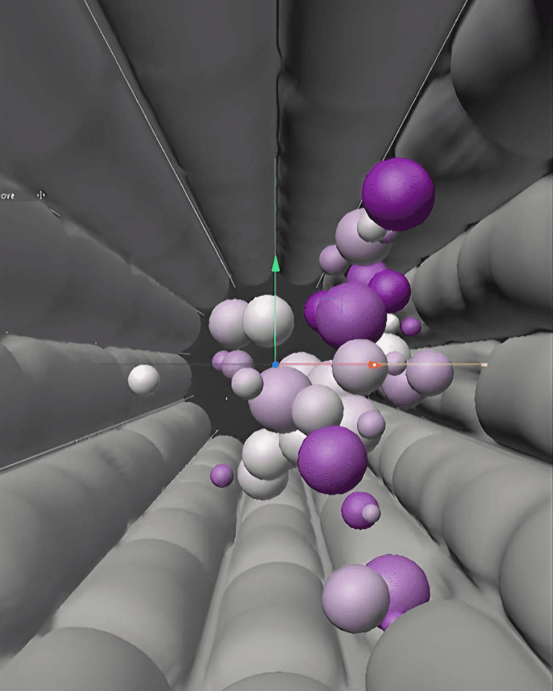 A grayscale 3D blocking render shows the tunnel geometry and the distribution of the spheres