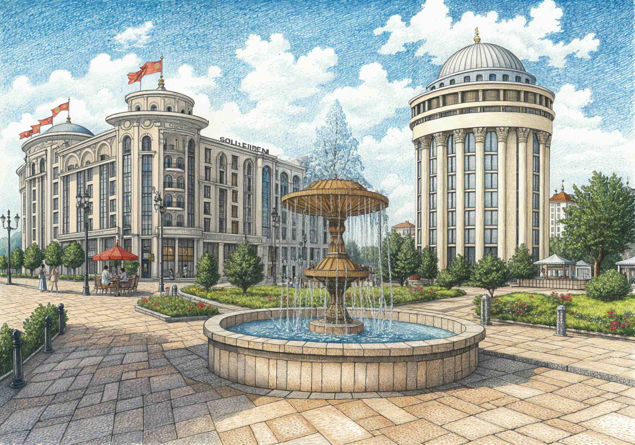 A detailed illustration of a grand plaza in North Macedonia, featuring a central fountain, neoclassical buildings with domes and columns, and a bright blue sky.