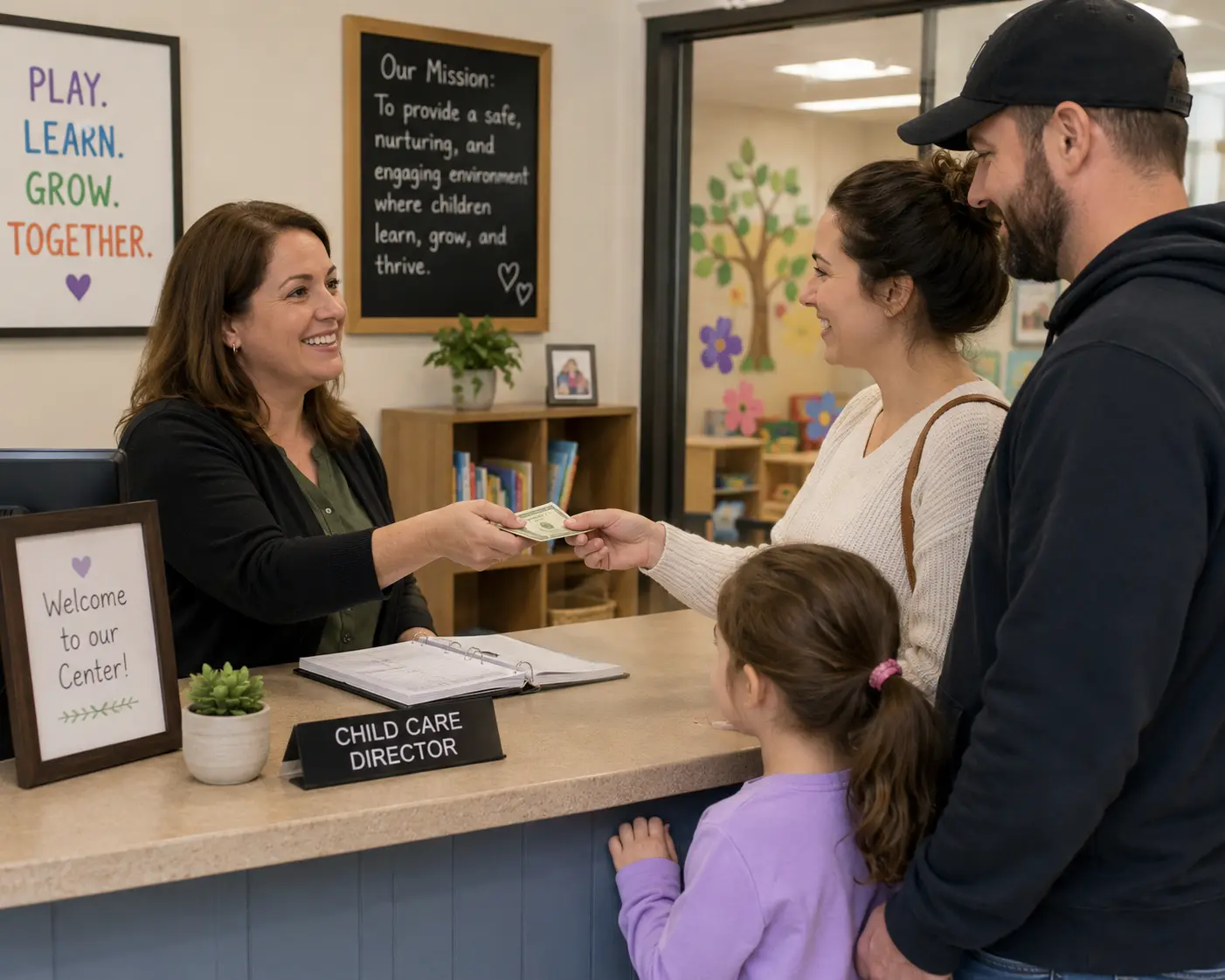 A woman hands money over a desk to another woman while a man and young girl look on.