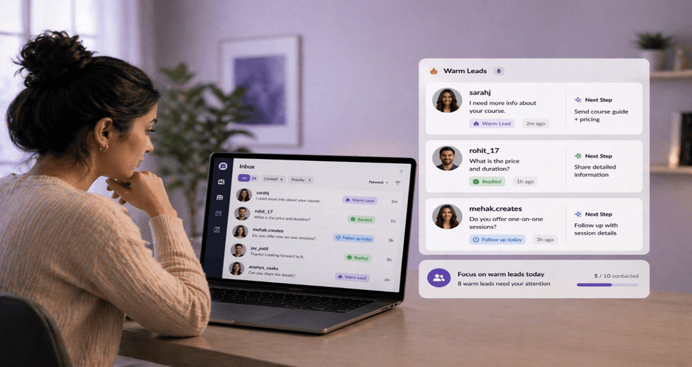 Creator reviewing warm Instagram leads on a laptop with follow-up status and next-step tags in a premium workspace