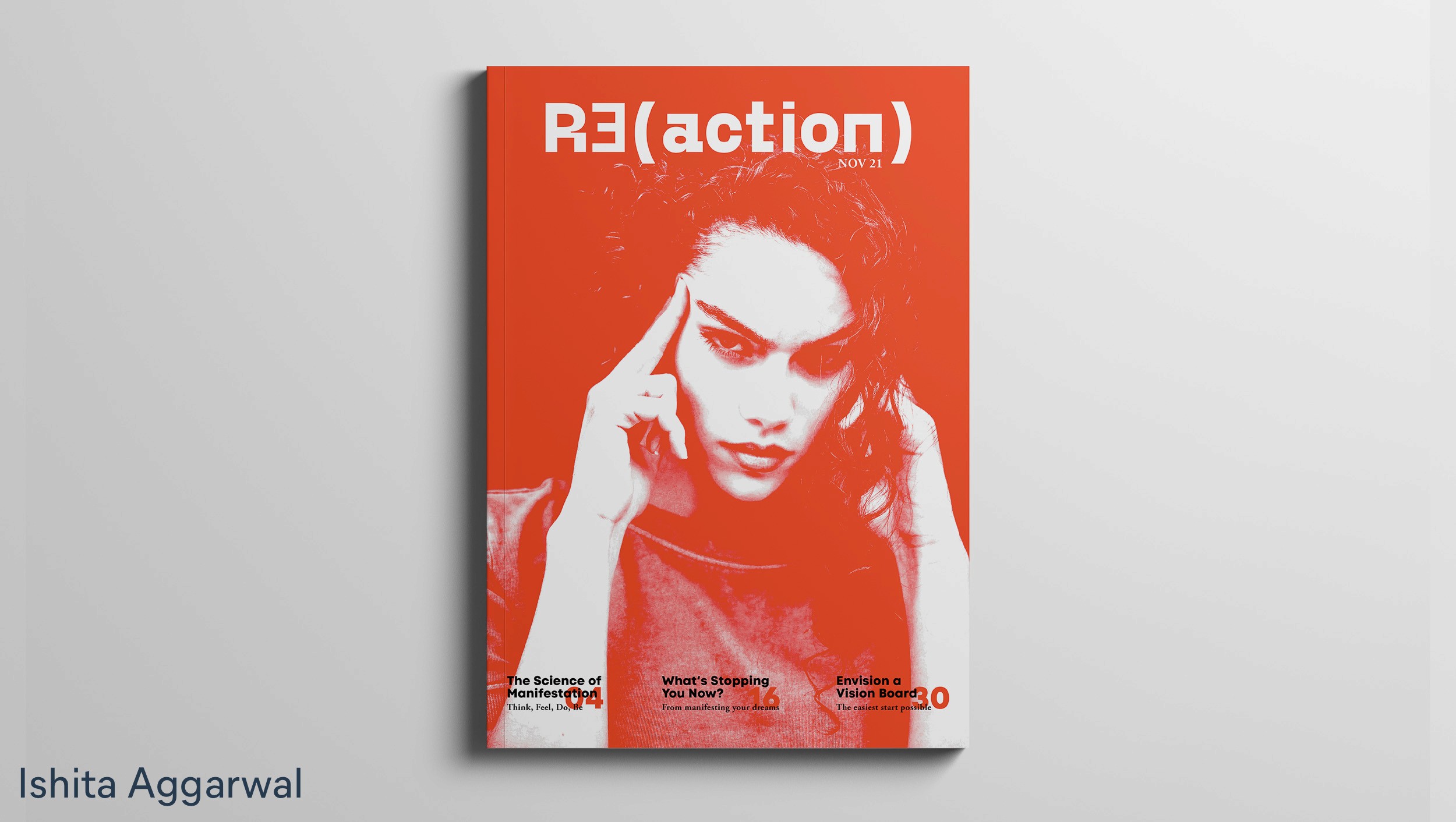 Magazine cover in orange and white, titled Re(action) by Ishita Aggarwal