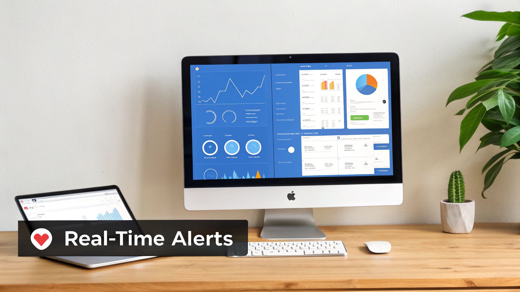 A modern desk setup with an iMac displaying real-time data analytics dashboards and a laptop.