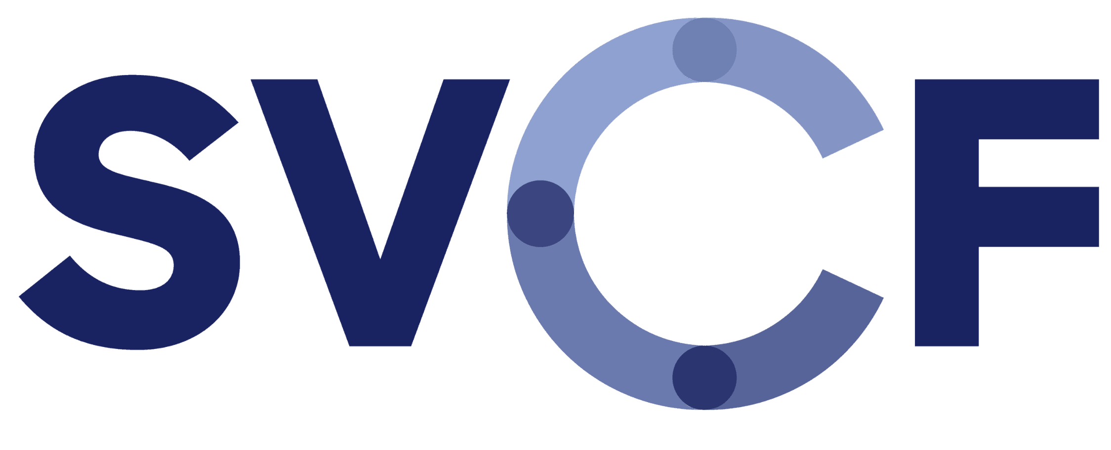 A imagem apresenta um logotipo azul e roxo com as letras "SVCF", em que o "C" é estilizado com detalhes circulares em forma de pontos.