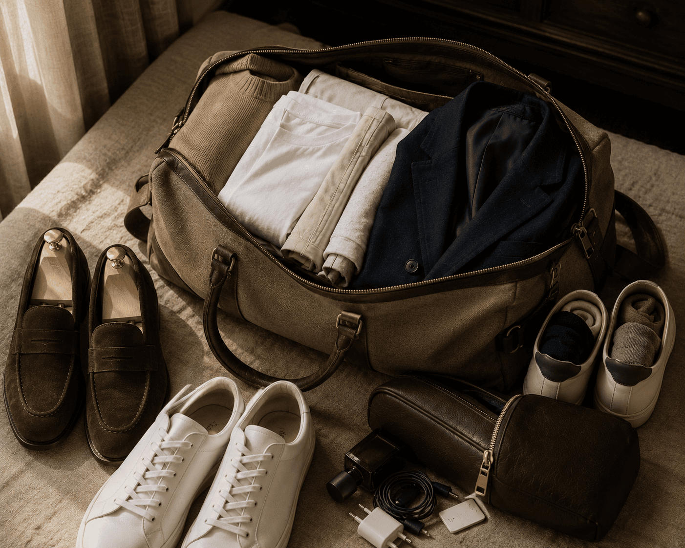 A top-down travel packing flatlay featuring an open beige canvas duffel bag with dark brown leather handles on a linen-covered bed. Packed inside the bag are folded items including a dark navy blazer, cream trousers, a white t-shirt, and a tan knit sweater. Surrounding the bag are two pairs of shoes—dark brown suede loafers with shoe trees and white leather sneakers—along with a dark leather dopp kit, travel socks, charging cables, and a perfume bottle.