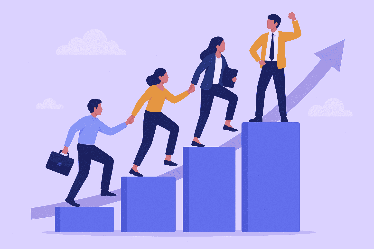 Flat-style digital illustration of four professionals ascending geometric steps together, symbolizing teamwork, growth, and the pursuit of a high-performance culture.